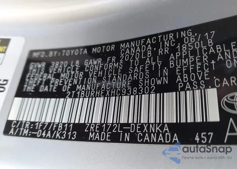 2017 Toyota Corolla Le from USA, damaged, VIN 2T1BURHEXHC938302